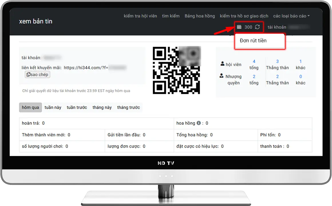 Bước 1: Click vào biểu tượng "Ví Tiền" → chọn "Đơn rút tiền"